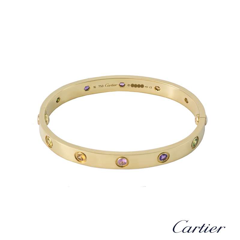 Cartier 18k Yellow Gold Multi Gem Love Bangle Size 16 B6033416